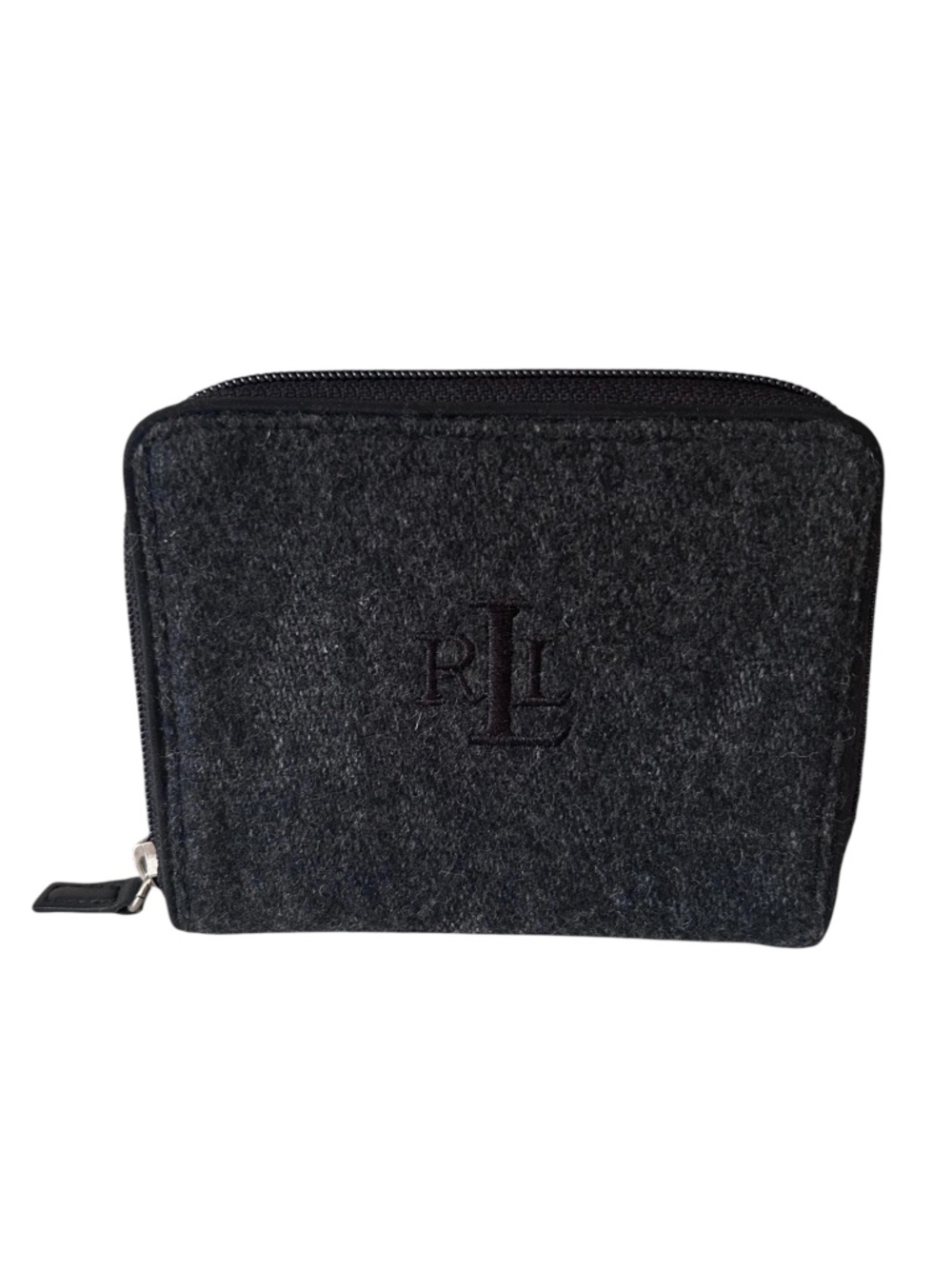 NWT LAUREN Ralph Lauren Black Charcoal Wool Zipper Wallet